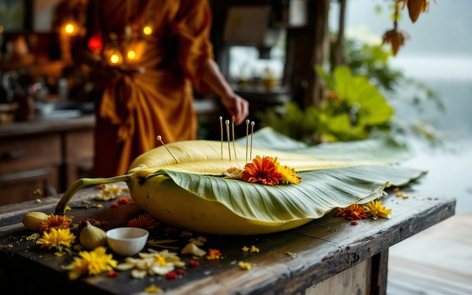 A banana-leaf float part-assembled on a table with flowers and pins